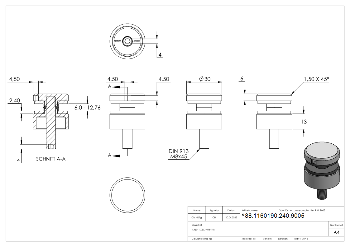Glaspunkthalter Edelstahl V2A Ø 30 mm- Klemmbereich 6-0–12-76 mm- flach- RAL 9005-88-1160190-240.9005
