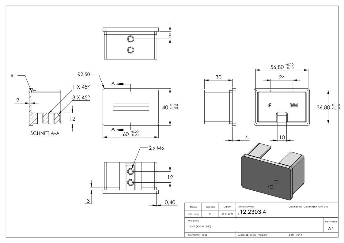 Endkappe - flache Ausfuehrung - fuer Rechteck-Nutrohr- 60x40x1-5 mm - V2A-12-2303.4