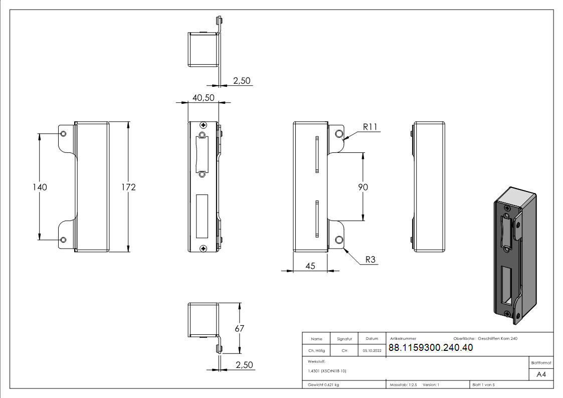 Edelstahlgegenkasten eckig V2A geschliffen Korn 240- 40 mm- Abstand 72 mm-88-1159300-240.40
