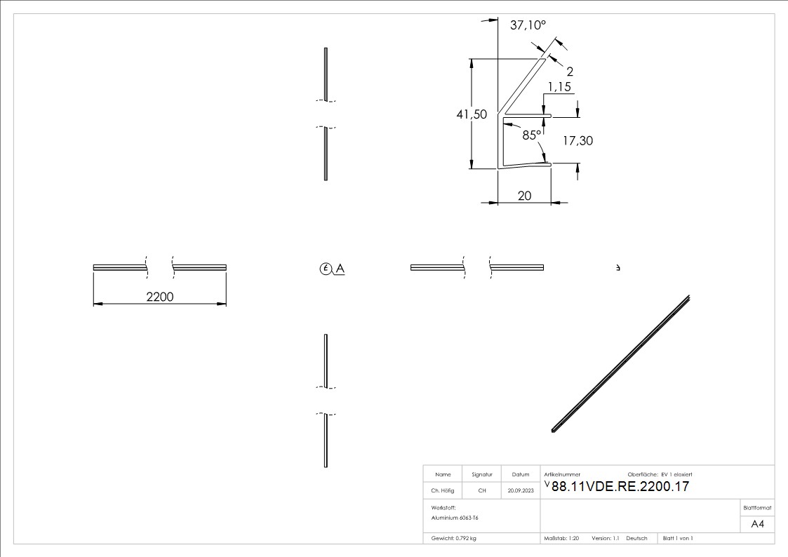 Regenrinne Aluminium eloxiert fuer Glas 17-52 mm L = 2200 mm Edelstahloptik E4-EV1-88-11VDE-RE-2200.17