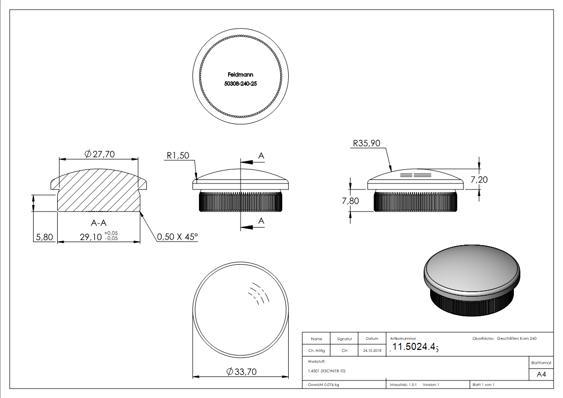Einschlagkappe V2A fuer Rohr Ø 33-7 mm 2-5 mm Wandstaerke gewoelbt-11-5024.4