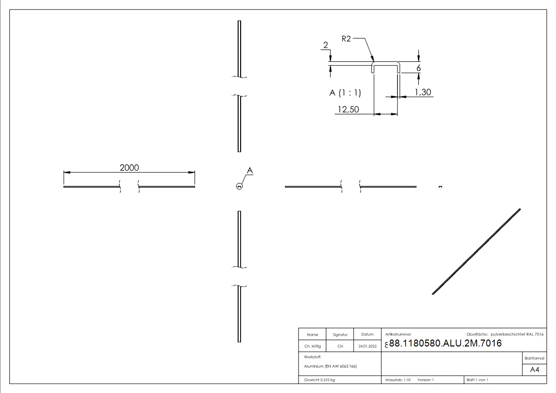 Kantenschutz EXTRA SLIM- fuer Glas 10-00 - 11-52mm- L=2m- Aluminium RAL 7016-88-1180580-ALU-2M.7016