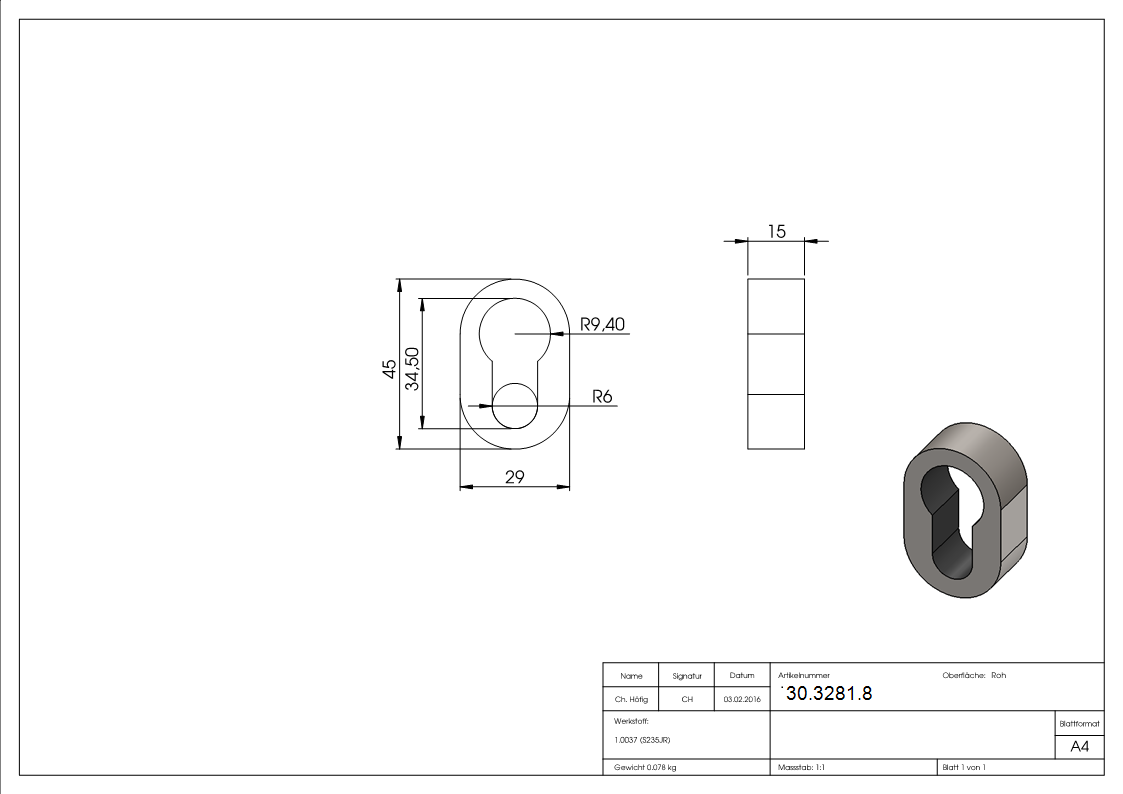 Sicherheitsrosette - Masse- 29x45x15 mm - Stahl S235JR- roh-30-3281.8