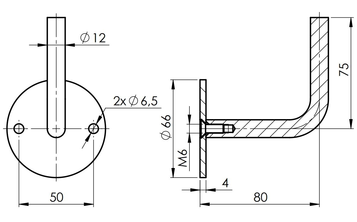 Handlaufhalter Ronde - Masse- 66x4 mm - Buegel- Ø 12 mm - zum Anschweissen -  V2A-11-2010-A.4