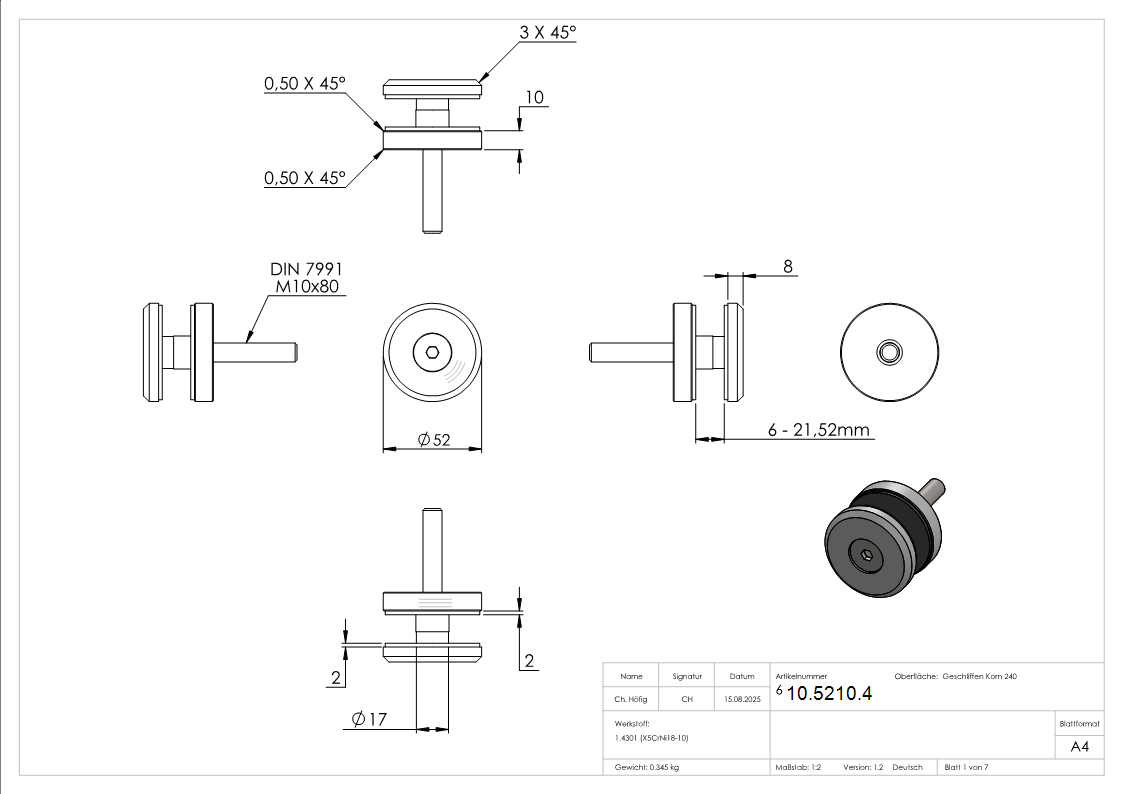 Glaspunkthalter Ø 50 mm- V2A- Anschluss- Flach- Bis 21-52 mm Klemmbereich- mit AbP-10-5210.4