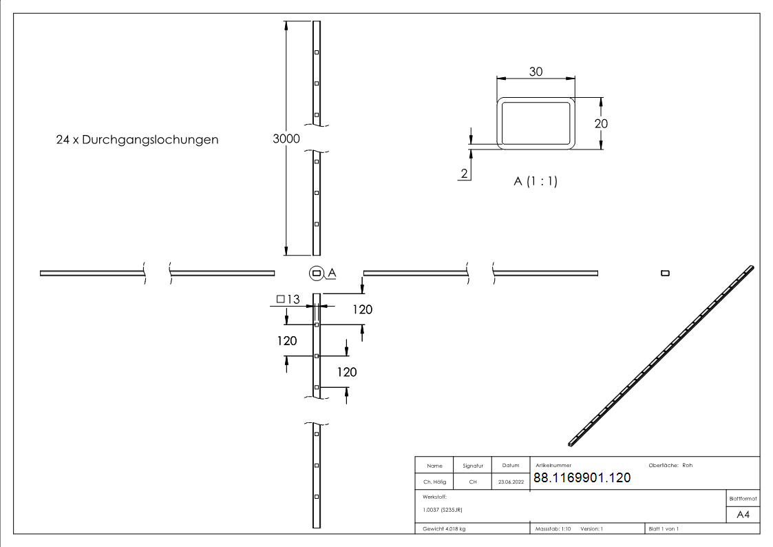 Rechteckrohr Stahl roh 30x20x2 mm L=3000 mm mit 24 Loechern fuer Vierkant 12x12 mm-88-1169901.120
