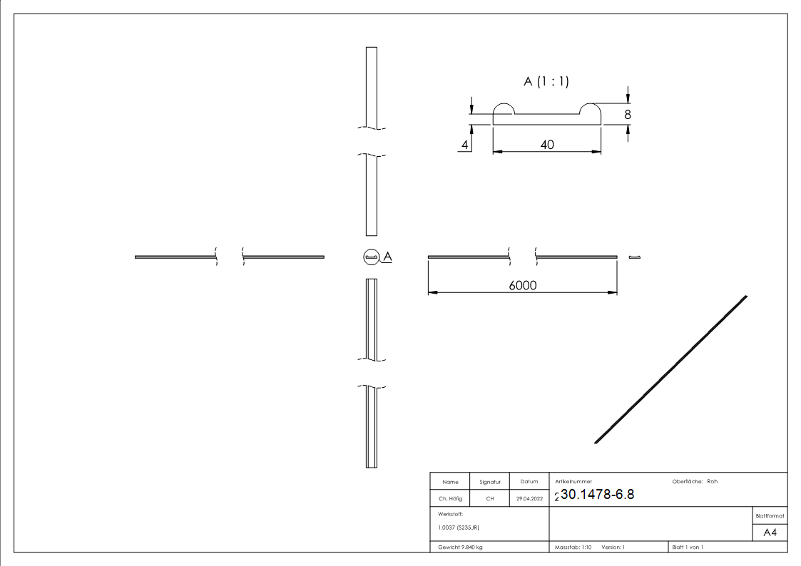 Hespeneisen 40x8x4 mm Profilstahl 6000mm S235JR roh-30-1478-6.8
