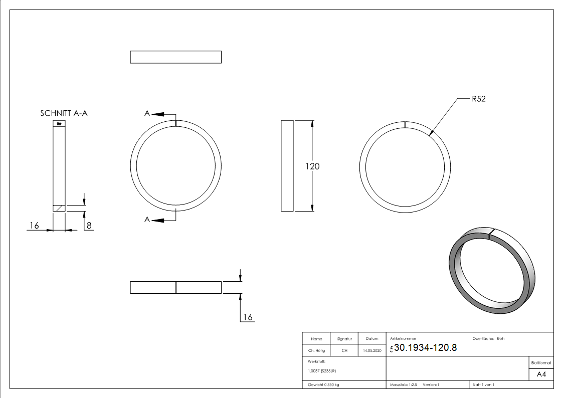 Ring - Material- 16x8 mm - Aussen-Ø 120 mm - Stahl S235JR- roh-30-1934-120.8