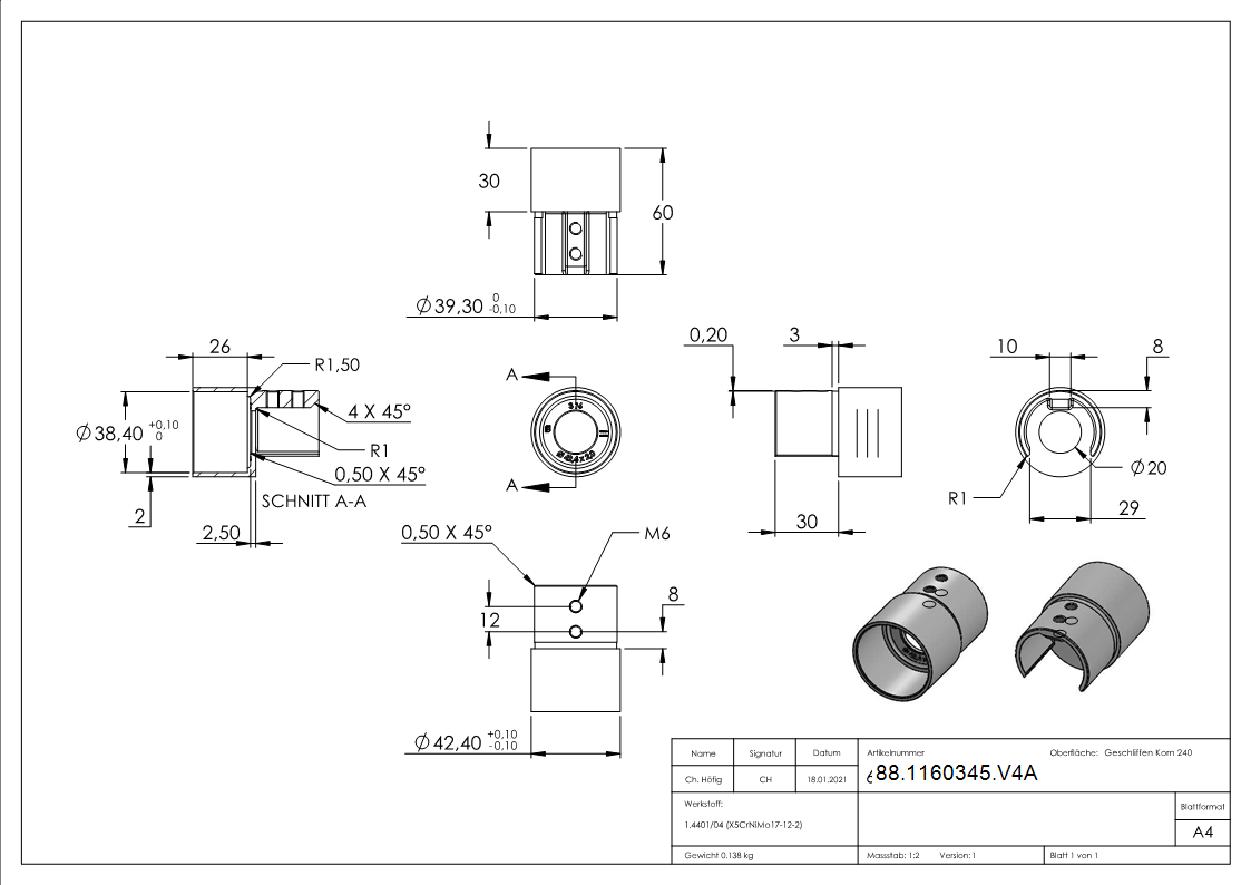 Verbinder fuer Nutrohr 42-4 x 1-5mm-  V4A-88-1160345.V4A
