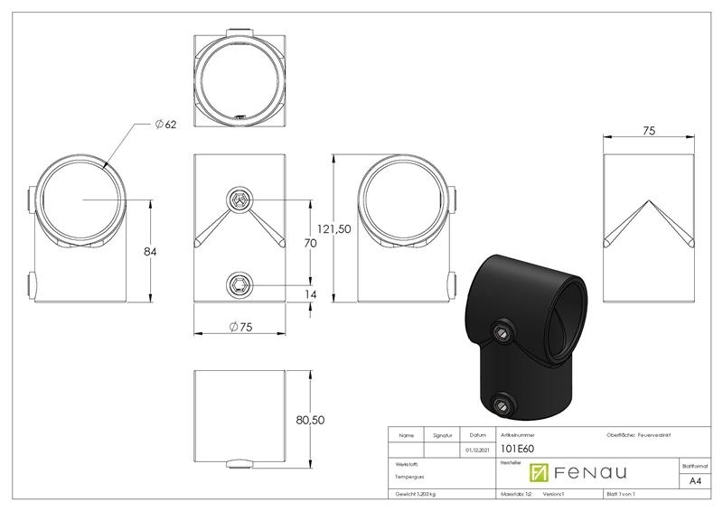 Rohrverbinder T-Stueck kurz Ø 60-3 mm -2- - Temperguss verzinkt - 101E60-101E60