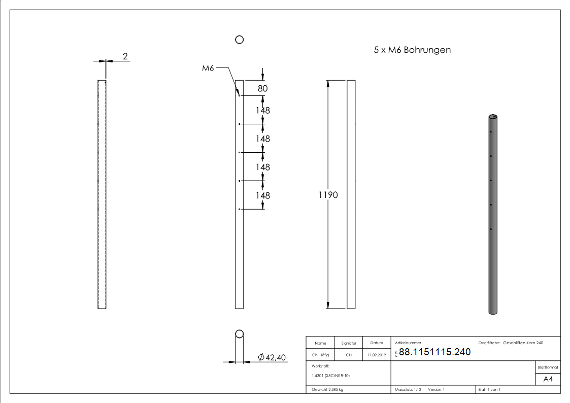 Edelstahlpfosten V2A Ø 42-4 x 2-0 mm H 1190 mm mit 5x M6 Gewinde-88-1151115.240