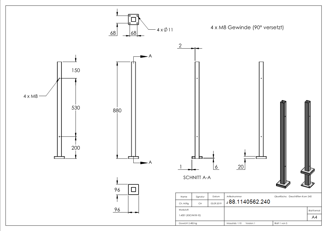 Edelstahlpfosten V2A zur Bodenmontage- Laenge 880mm-88-1140562.240
