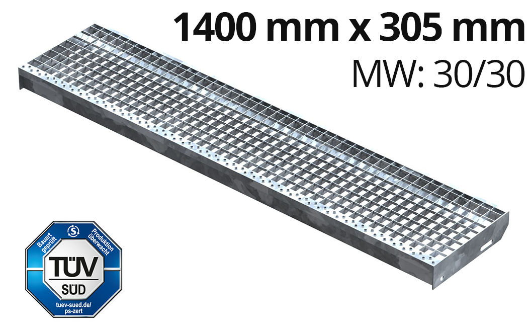 Gitterroststufe Treppenstufe Masse- 1400x305 mm 30-30 mm S235JR -St37-2- im Vollbad feuerverzinkt-40-1403030.7