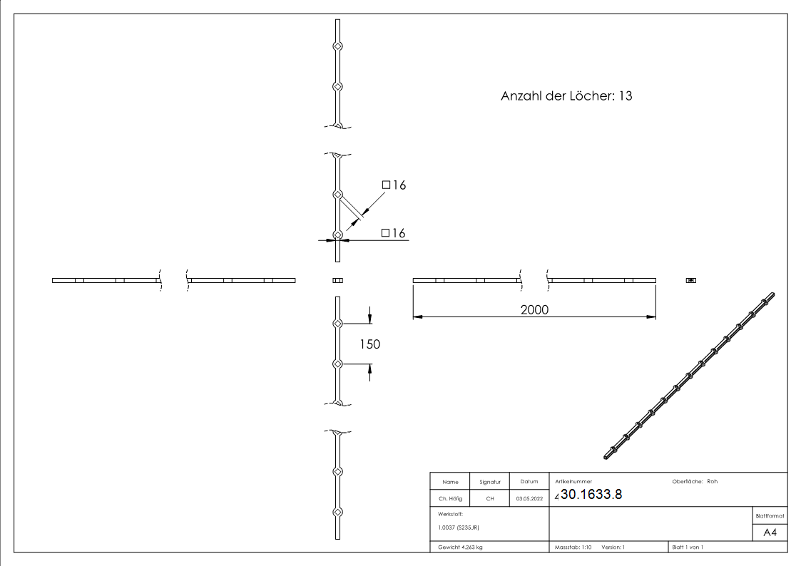 Lochleiste fuer schraeges Quadratrohr Material- 16x16 mm Laenge- 2000 mm Stahl S235JR- roh-30-1633.8