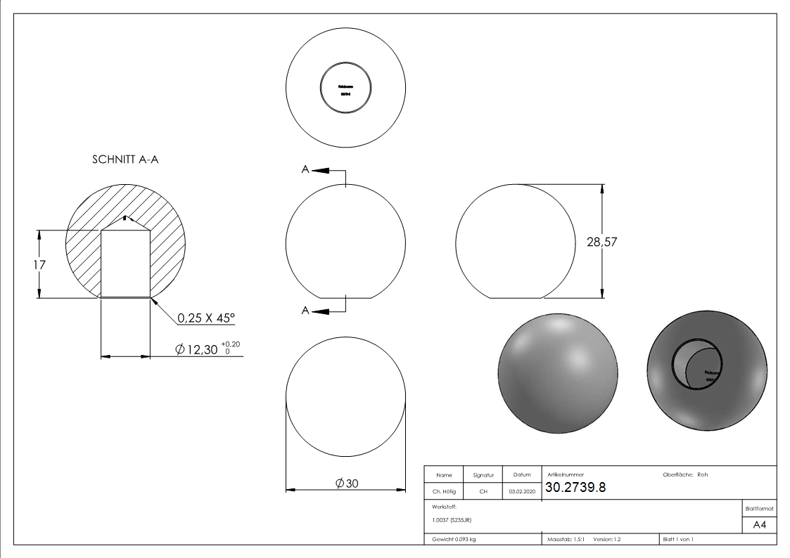 Kugel Ø 30 mm - mit Sackloch 12-2 mm - Stahl S235JR- roh-30-2739.8