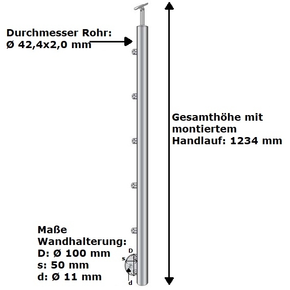 Gelaenderpfosten Edelstahl AISI 304 1000 mm D42-4 mm seitlich Treppe 5 Fuellstabhalter d12 mm-14-0069RR-A.4