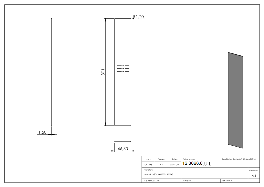 Endkappe - fuer Ganzglasgelaender - fuer Schraege bis 41° - Masse- 301x46-5x1-5 mm - Aluminium-12-3066.6