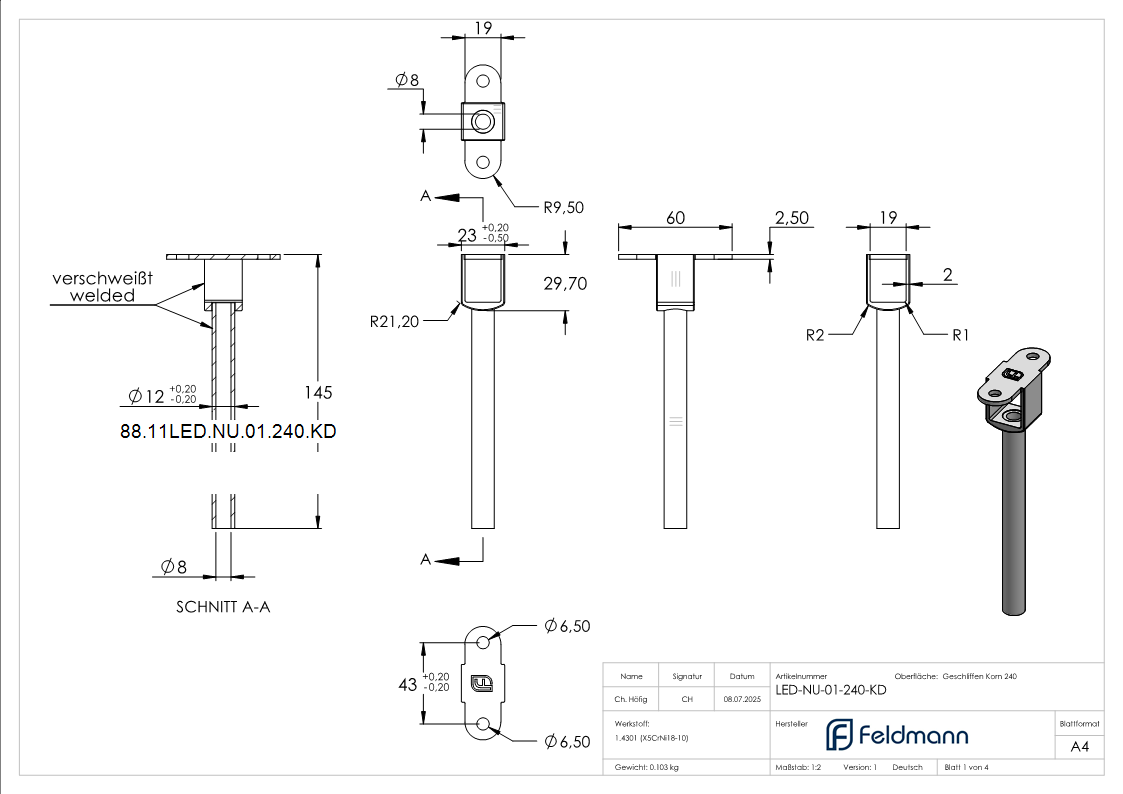 Handlaufbefestigung V2A L 145 mm Ø 12 mm fuer Nut 24x24 mm hohl LED-88-11LED-NU-01-240.KD