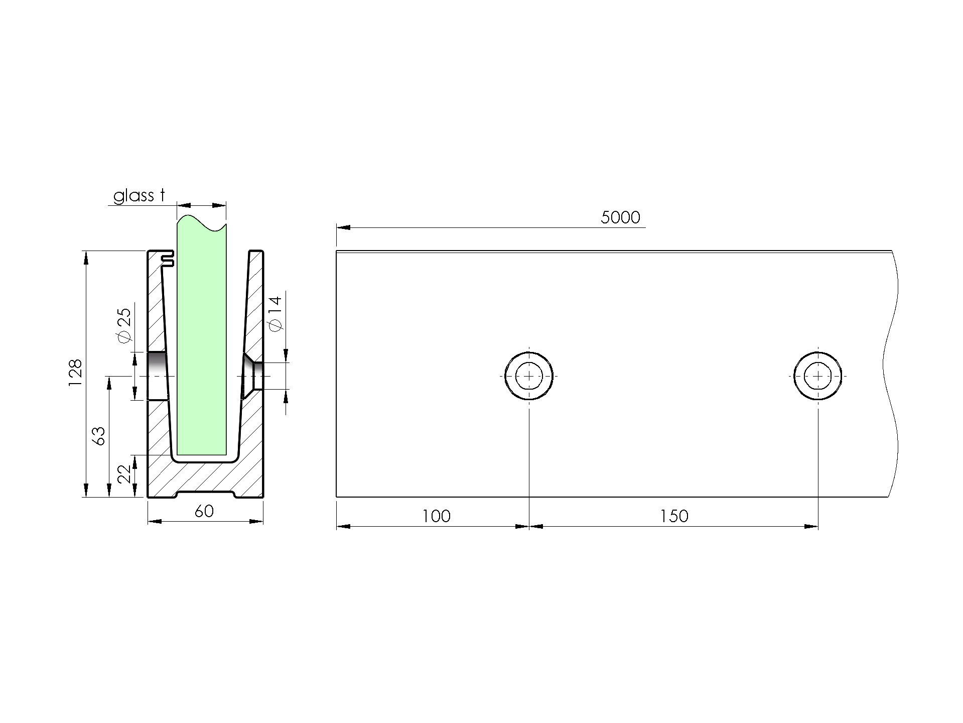Ganzglasgelaenderprofil Aluminium 5000 mm fuer Glas 21-52-25-52 mm Seitenverankerung-89-11AL00095000SE-A.4