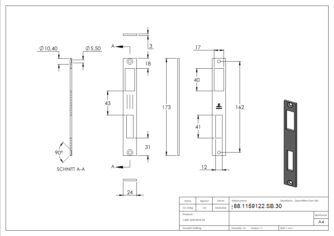 Schliessblech passend zu 30mm Schiebetorschloesser- V2A-88-1159122-SB.30