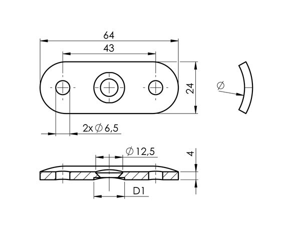 Handlaufanschlussplatte - Masse- 64x24x4 mm - fuer Rohr- Ø 42-4 mm - V2A-11-2142-A.4