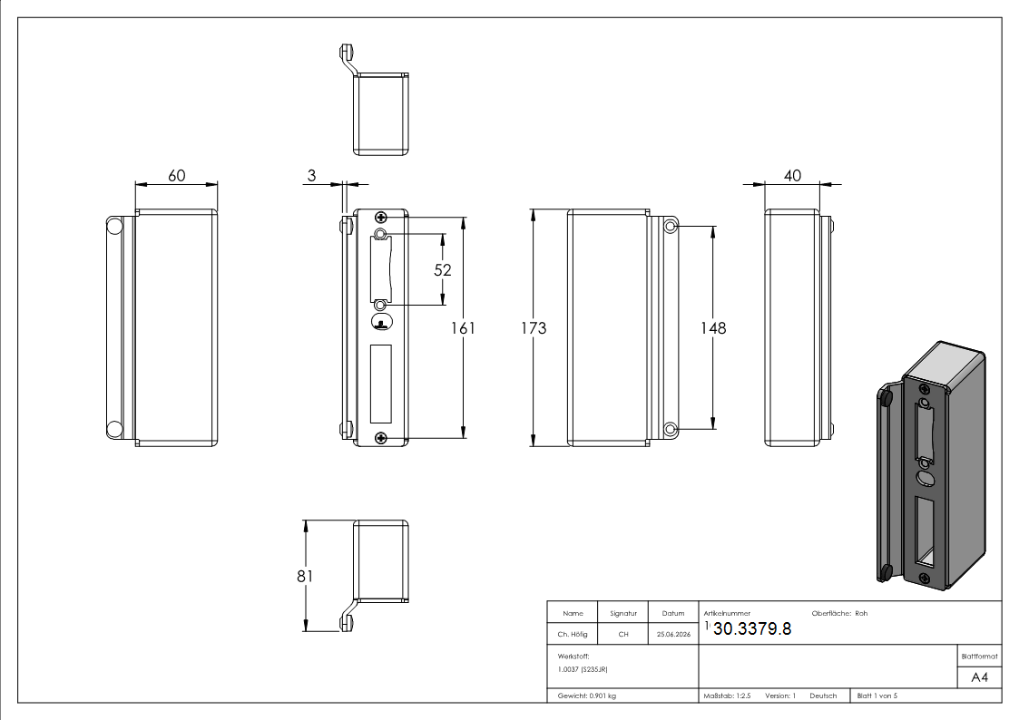 Gegenkasten Stahl 40 x 60 x 173 mm mit verzinktem Schliessblech-30-3379.8