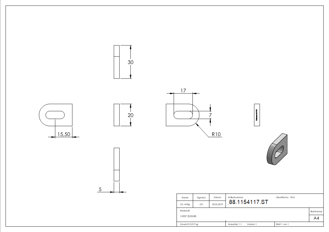 Anschweisslasche Stahl roh 30 x 20 x 5 mm mit Langloch 17 x 7 mm-88-1154117.ST