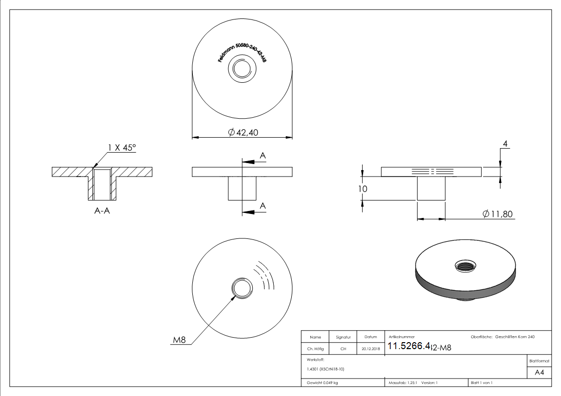 Platte flach mit M8 fuer Rohr Ø 42-4 mm V2A-11-5266.4