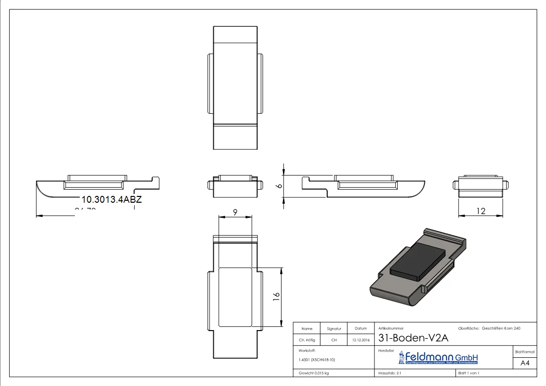 1 Sicherungsboden zu Glasklemme 45x45x26 mm AbZ V2A-10-3013.4ABZ