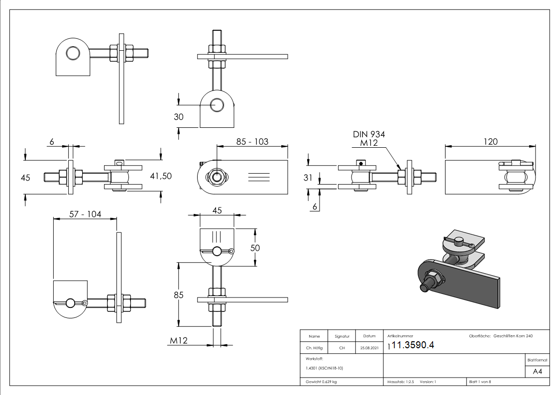 Torband - M12 - 180° - verstellbar - V2A-11-3590.4