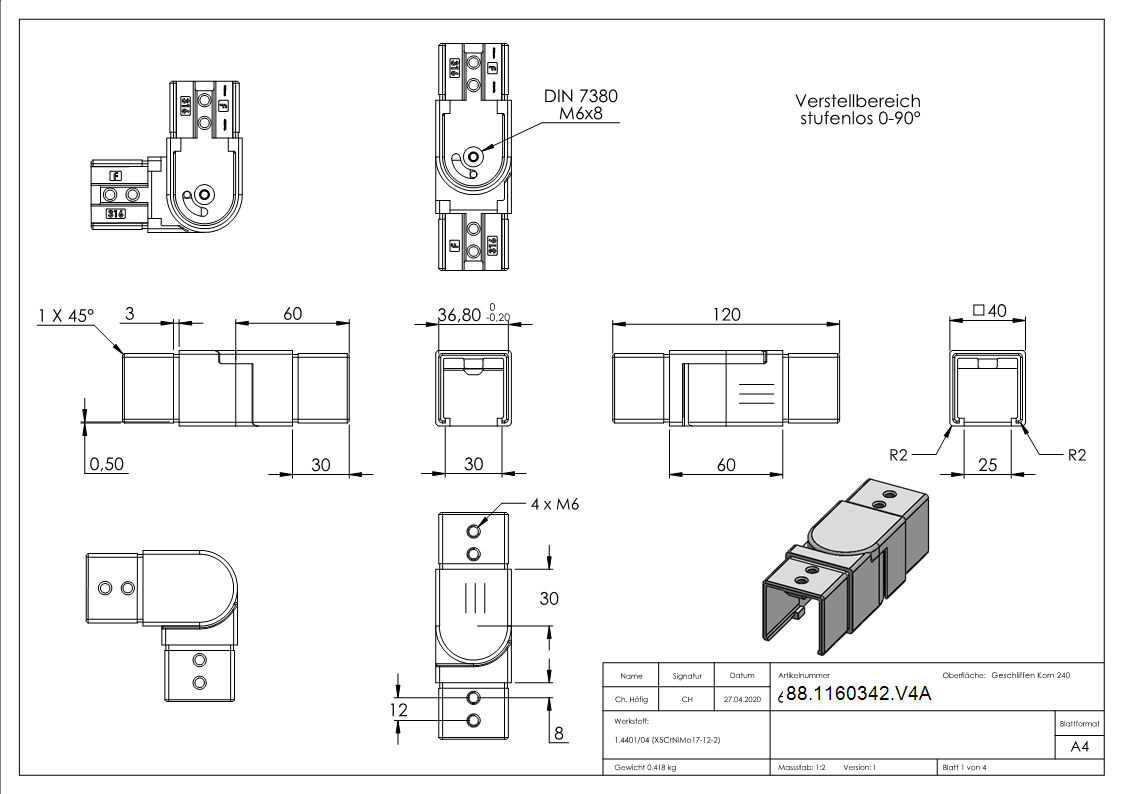 flex- Verbinder- Nutrohr 40 x 40mm-88-1160342.V4A