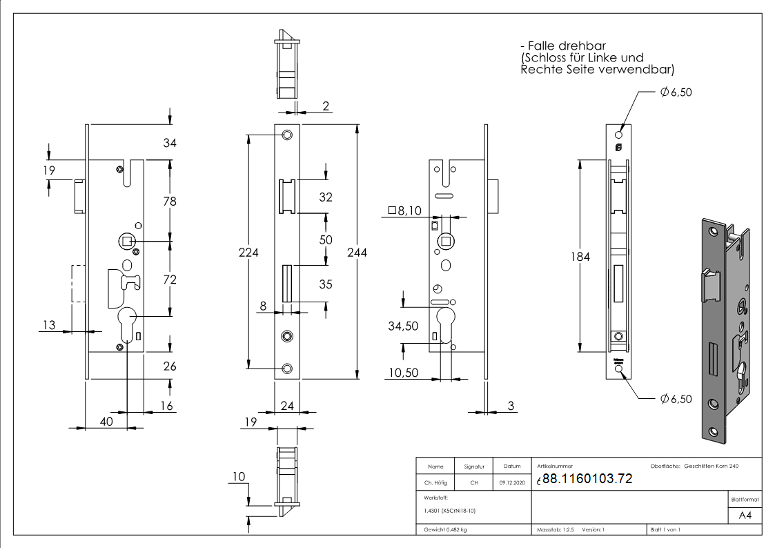 Rohrrahmenschloss verzinkt Dornmass 40mm Abstand 72mm Stulpe Edelstahl geschliffen-88-1160103.72