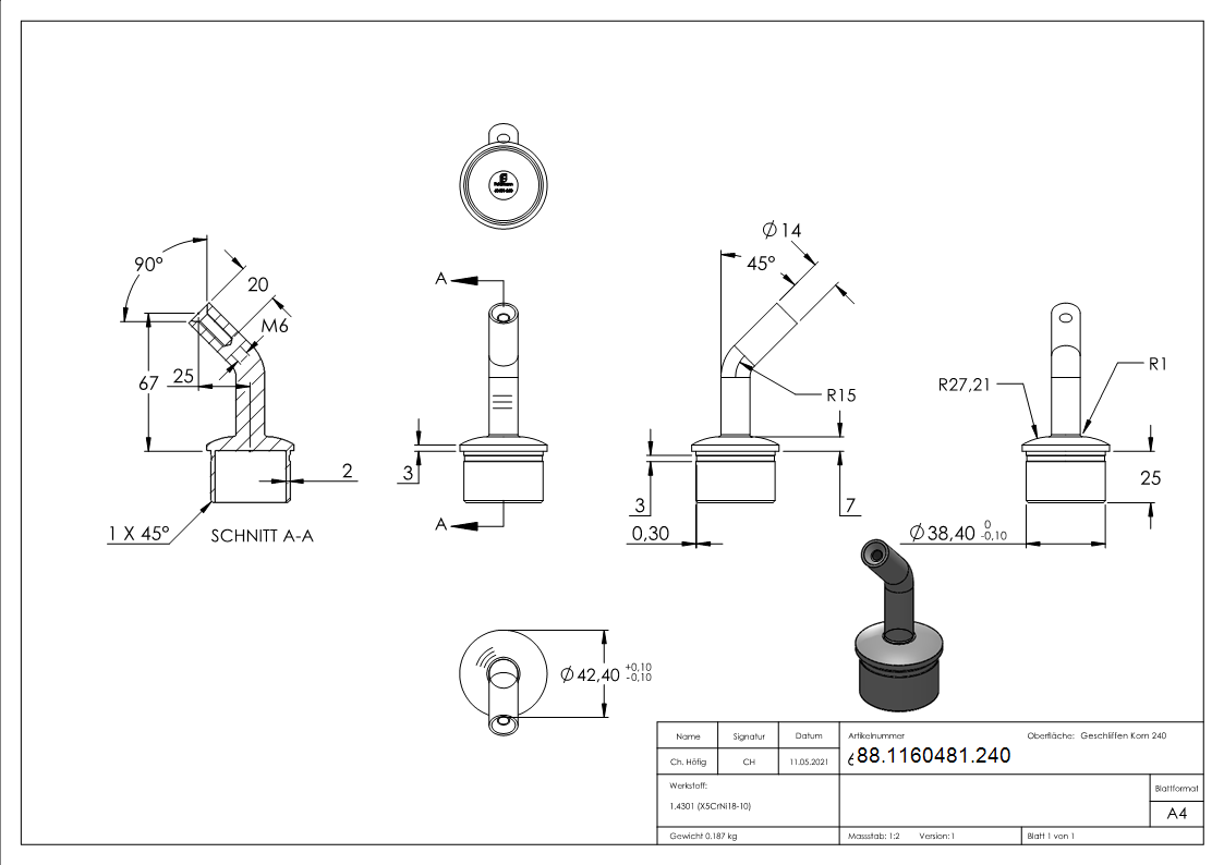 Rohrabschlussstopfen V2A fuer Rohr 42-4x2-0 mm mit Stift 135° M6 Gewinde-88-1160481.240