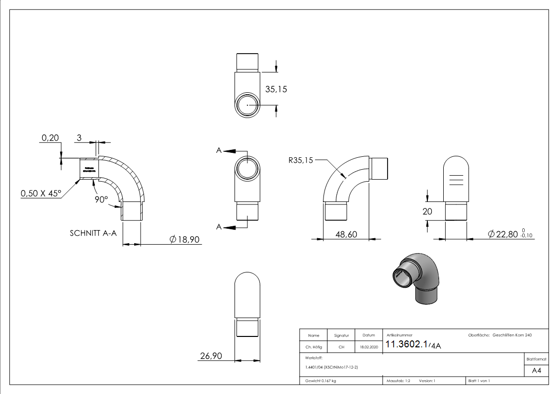 Rohrbogen 90° rund- fuer Rundrohr Ø 26-9x2-0 mm V4A-11-3602.1