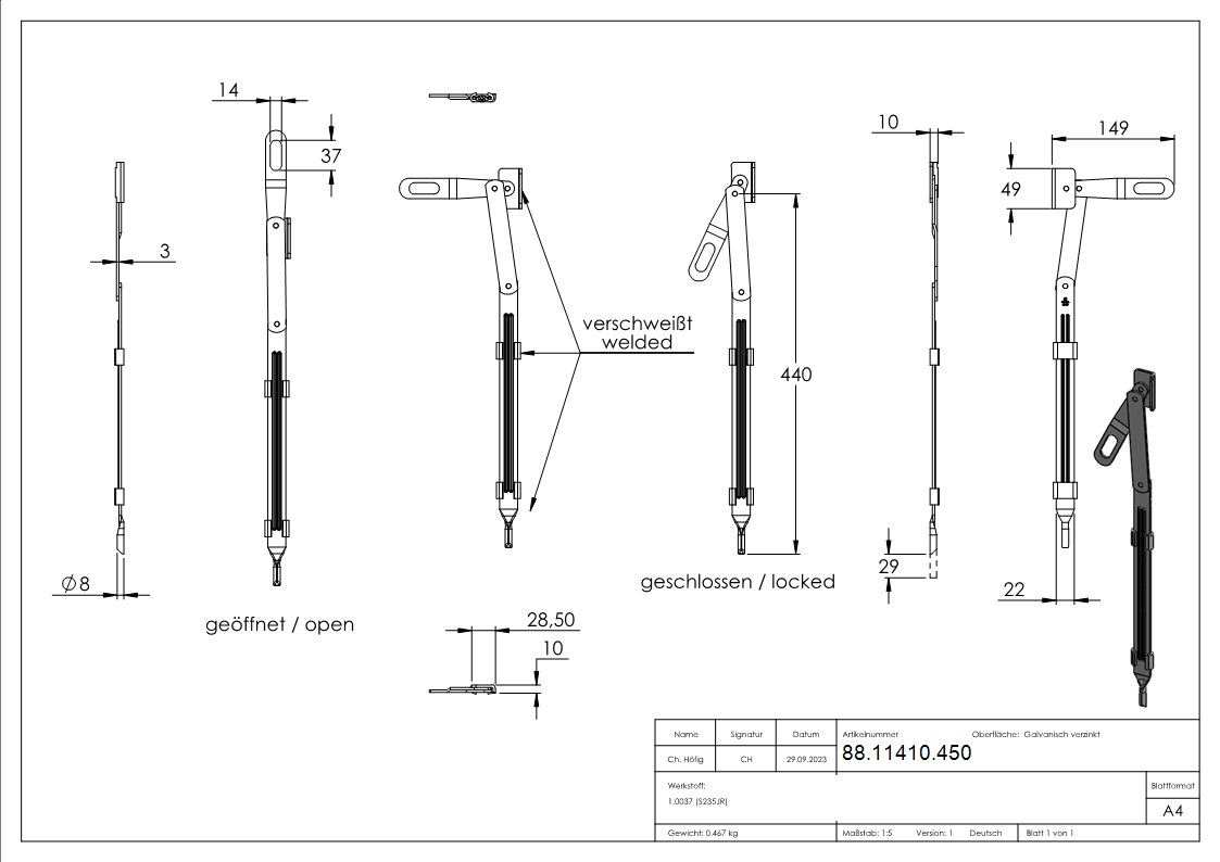 Torriegel zum Anschweissen- Laenge 450mm- verzinkt-88-11410.450