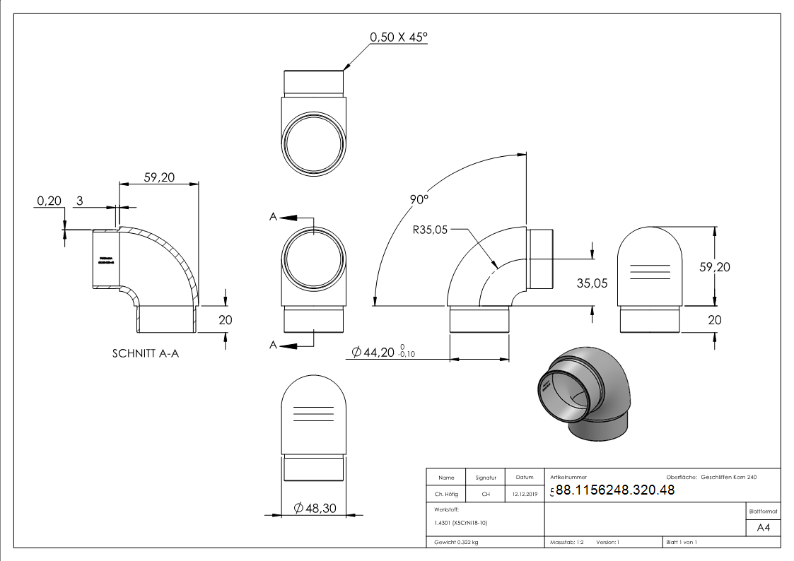 Rohrbogen 90° eng V2A fuer Rohr Ø 48-3 x 2-0 mm zum Stecken-88-1156248-320.48
