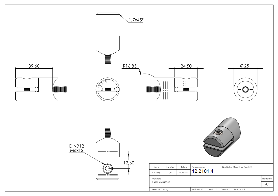 Blechhalter - Plattenhalter Ø 25 mm Edelstahl V2A – Anschluss 33-7 mm inkl- Schrauben - Gummieinlage-12-2101.4