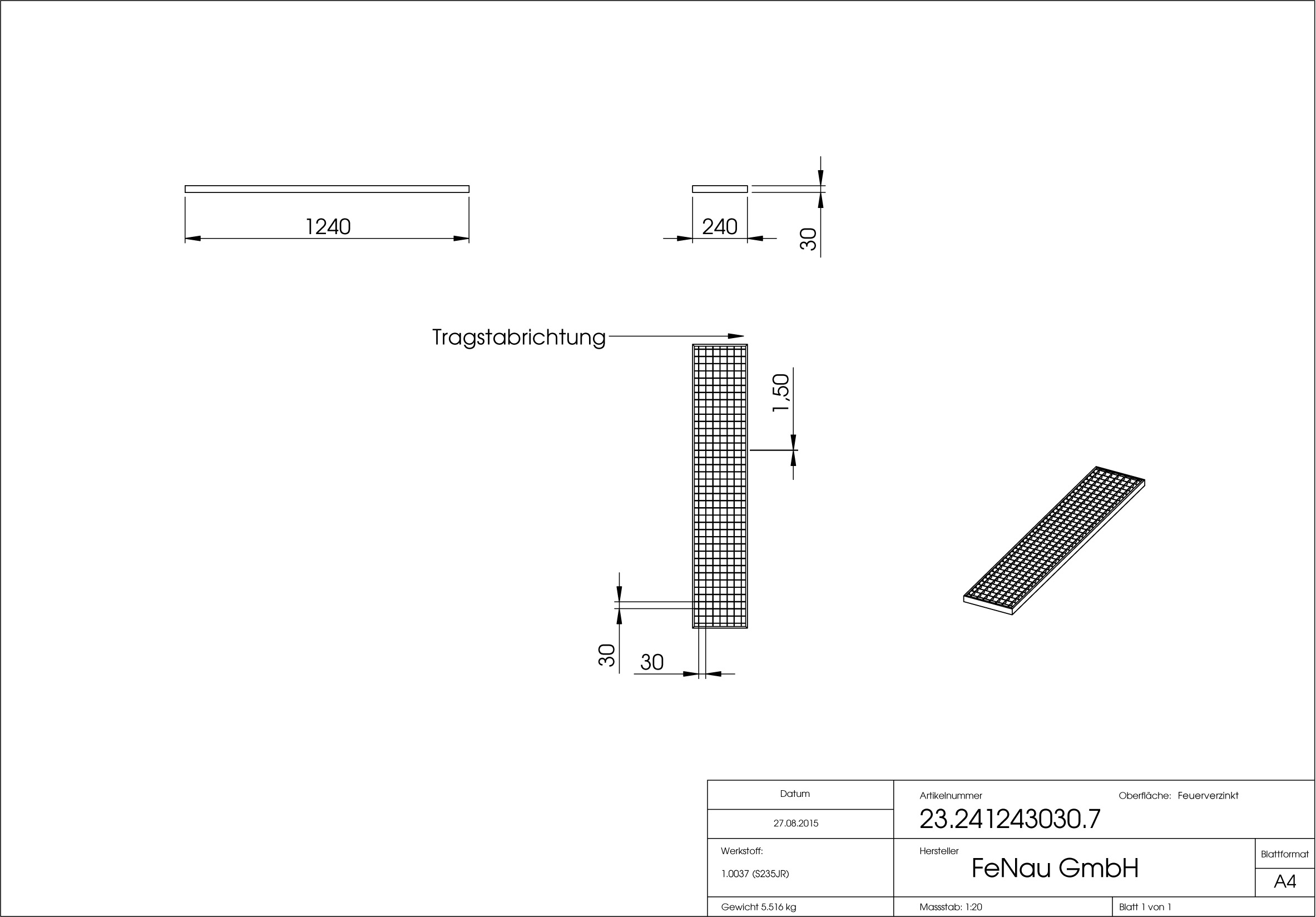 Garagen-Gitterrost - Mae-  240x1240x30 mm 30-30 mm - aus S235JR -St37-2- im Vollbad feuerverzinkt-23-241243030.7