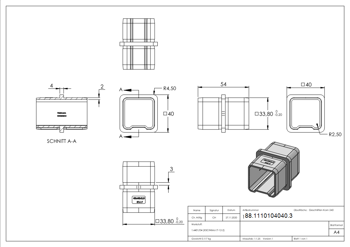 Vierkantrohrverbinder V4A 40x40x3-0 mm gerade-88-1110104040.3