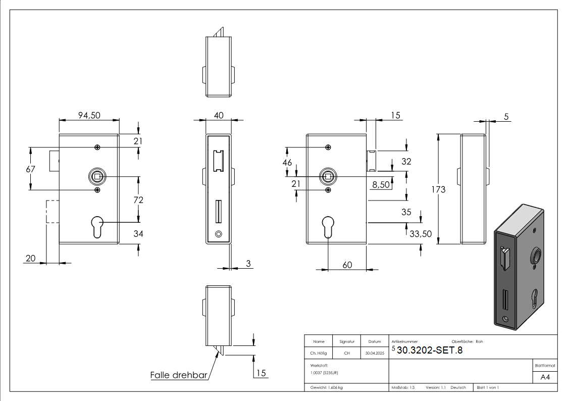 Kastenschloss Set verzinkt 40x94-5x173 mm eckig-30-3202-SET.8
