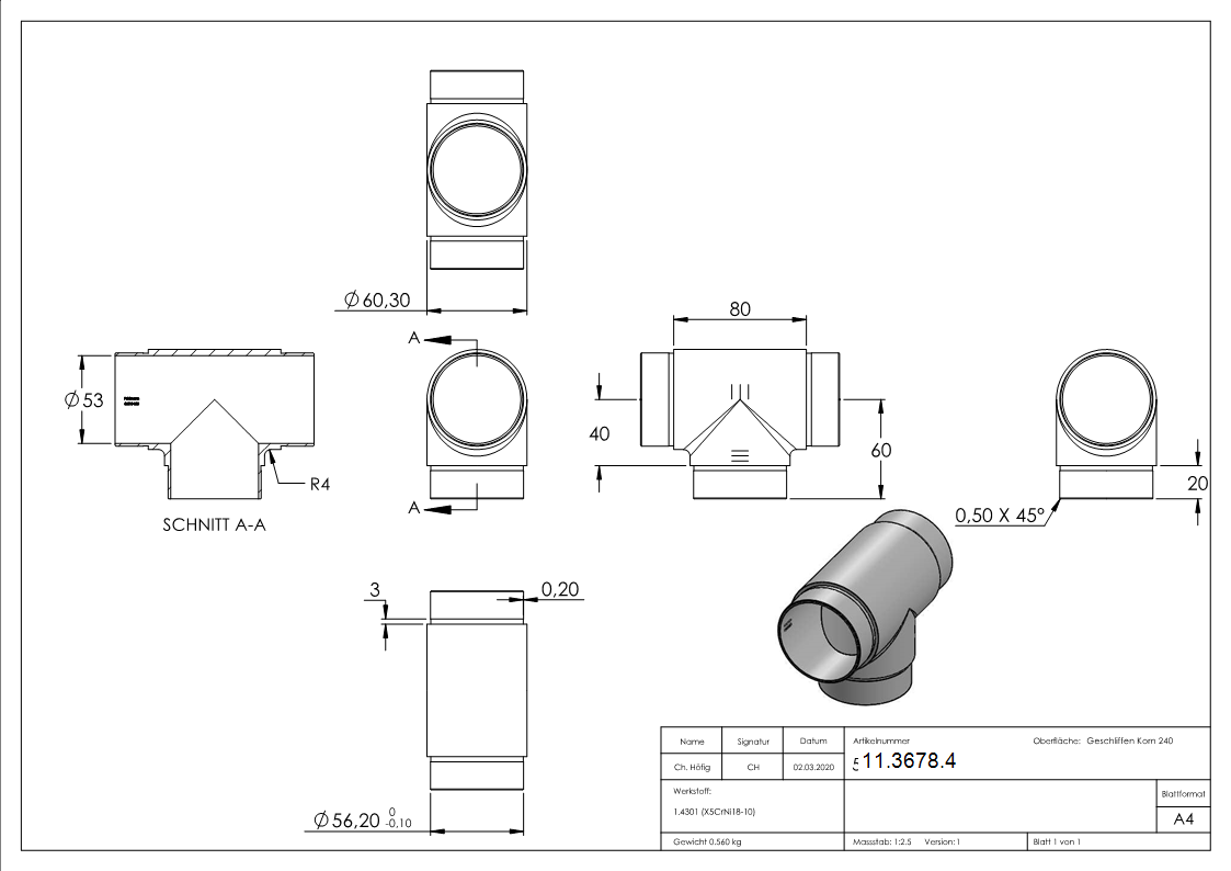 T-Stueck mit gleichen Abgaengen fuer Rundrohr Ø 60-3x2-0 mm V2A-11-3678.4
