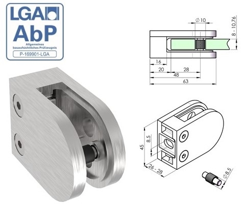 Glasklemme 63x45x28 mm V2A fuer Anschluss flach - Gummi 10-76 mm Glas-18-2200-A.4-7