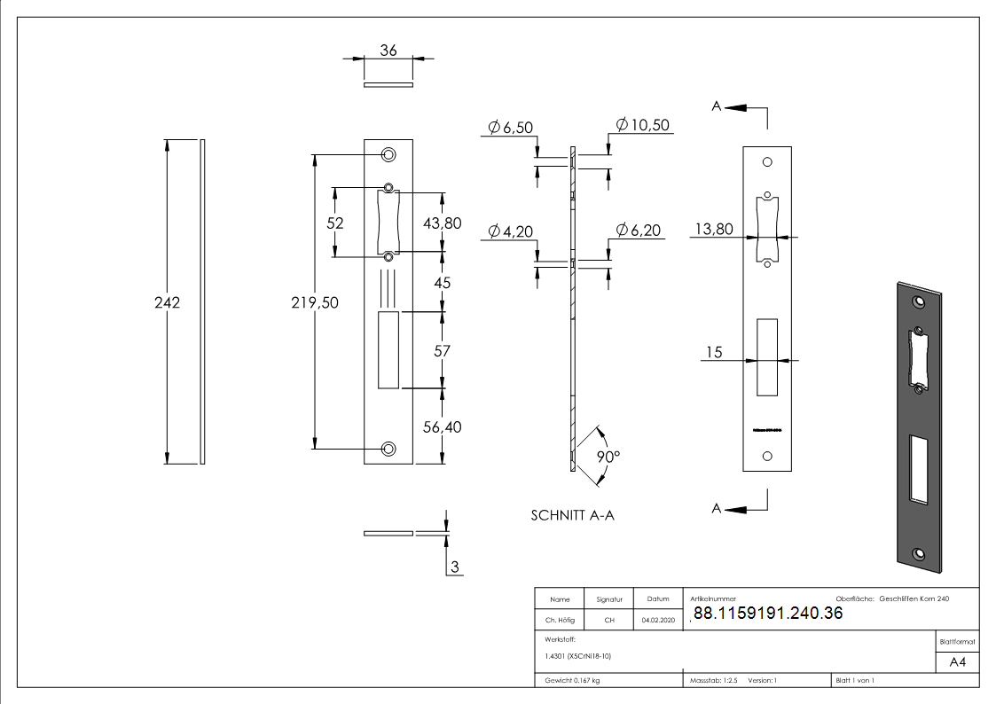 Schliessblech Edelstahl V2A Breite 36 mm geschliffen Korn 240-88-1159191-240.36