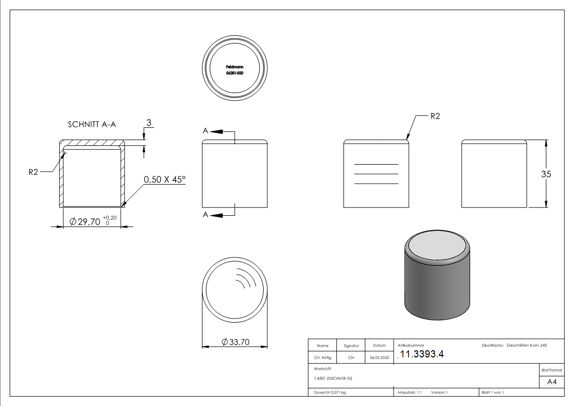 Endkappe fuer Boegen- fuer Rundrohr Ø 33-7x2-0 mm V2A-11-3393.4