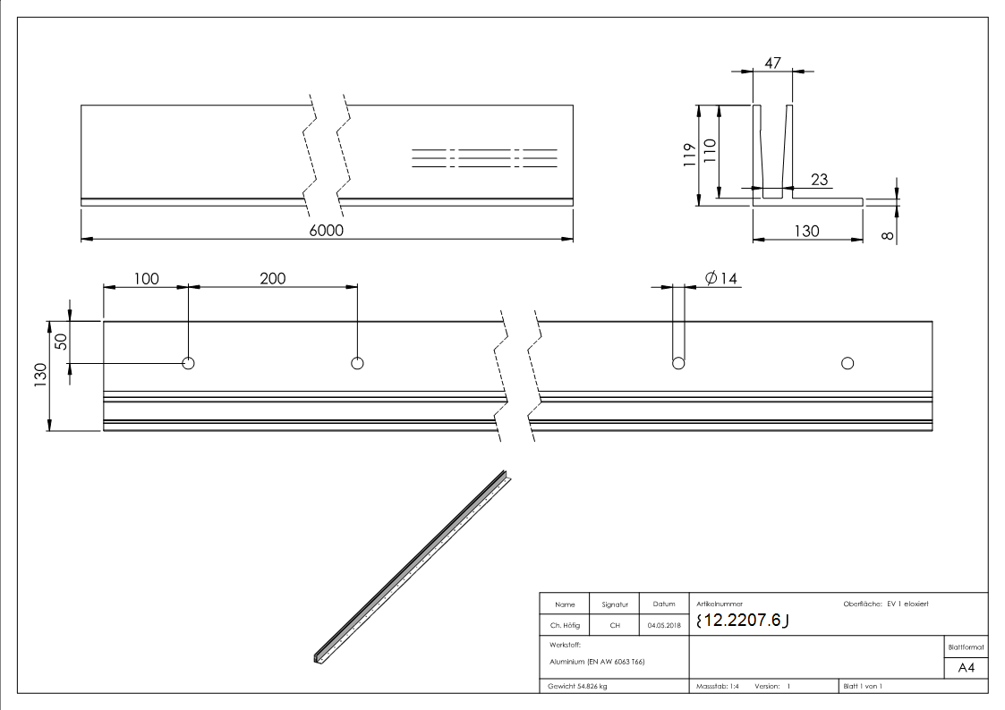 Alu-Profil - MASSIV - Laenge- 6000 mm - aufgesetzte Montage - Aluminium-12-2207.6