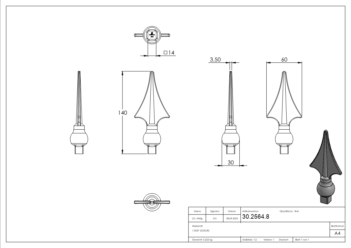 Zaunspitze 14x14 mm mit 140 mm Hoehe Stahl - Stahl S235JR- roh-30-2564.8