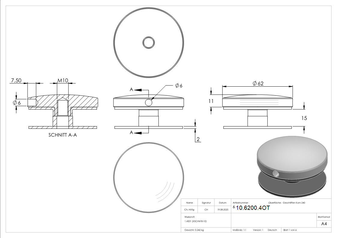 Glaspunkthalter-Oberteil Ø 62 mm- V2A-10-6200.4OT