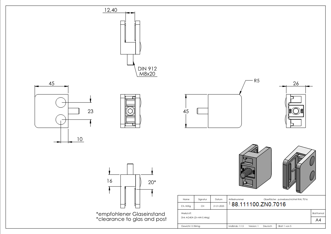 Glasklemme Zinkdruckguss 45 x 45 x 27 mm gerade RAL 7016 matt-88-111100-ZN0.7016