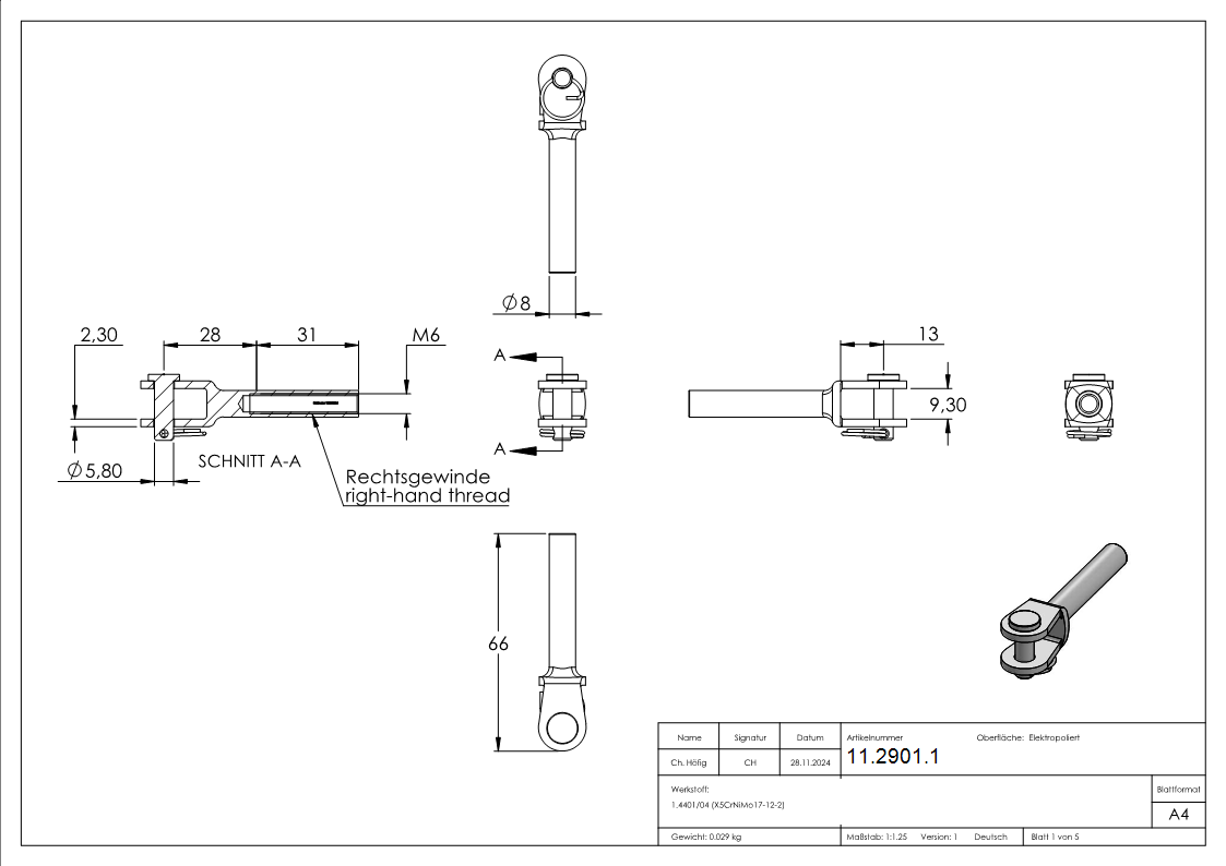 Gabelterminal mit Innengewinde rechts M6 V4A-11-2901.1