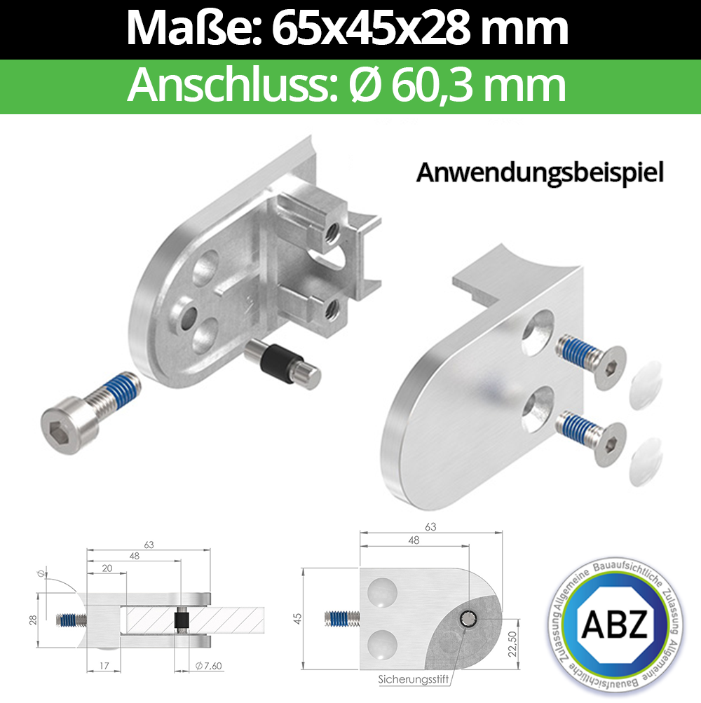 Glasklemme ABZ 65x45x28 mm Ø 60-3 mm- V4A - AISI 316 - 1-4401-04- fuer 10-76 mm VSG Glas- Nein - Ohne Sicherungsstift-10-MODELL32-60-2-11.1